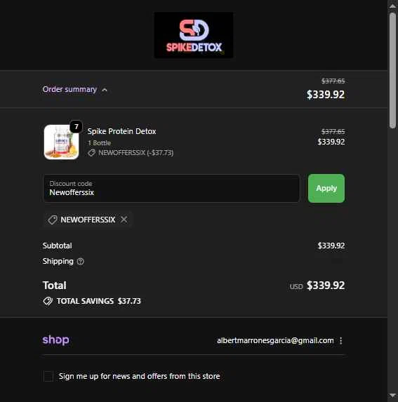 Spike Protein Detox checkout page showing Spike Protein Detox promo code box | Screenshot taken by SimplyCodes community member on Dec 10, 2025