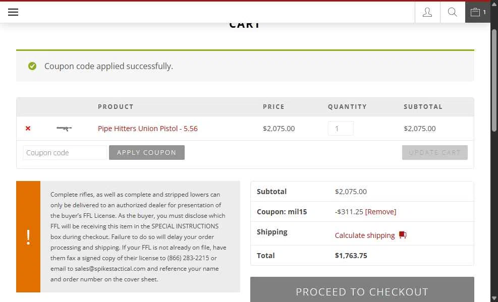 Spikes Tactical checkout page showing Spikes Tactical promo code box | Screenshot taken by SimplyCodes community member on Jul 15, 2025