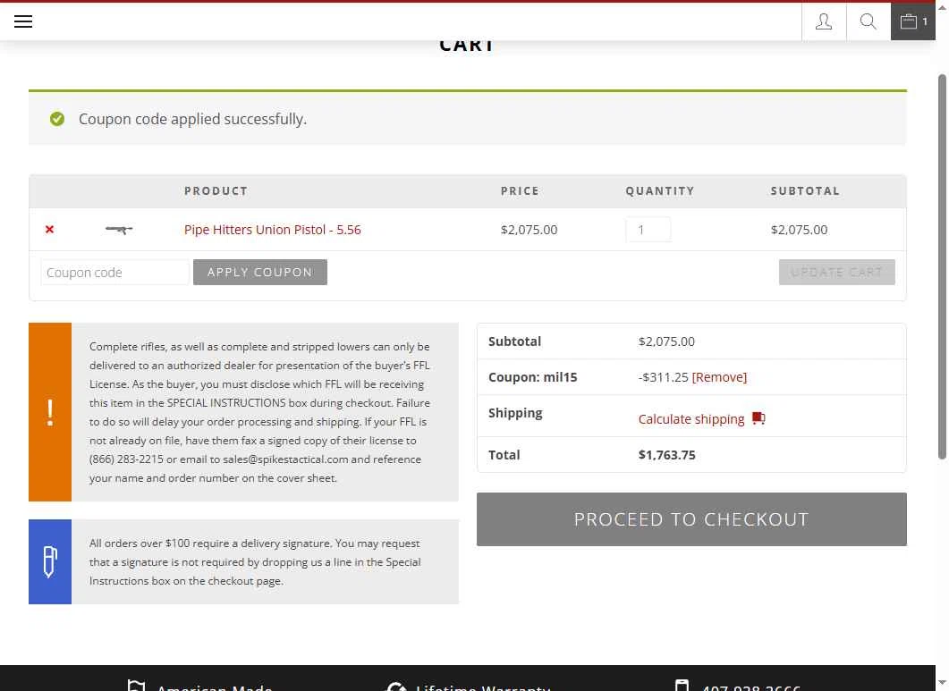 Spikes Tactical checkout page showing Spikes Tactical promo code box | Screenshot taken by SimplyCodes community member on Jul 15, 2025