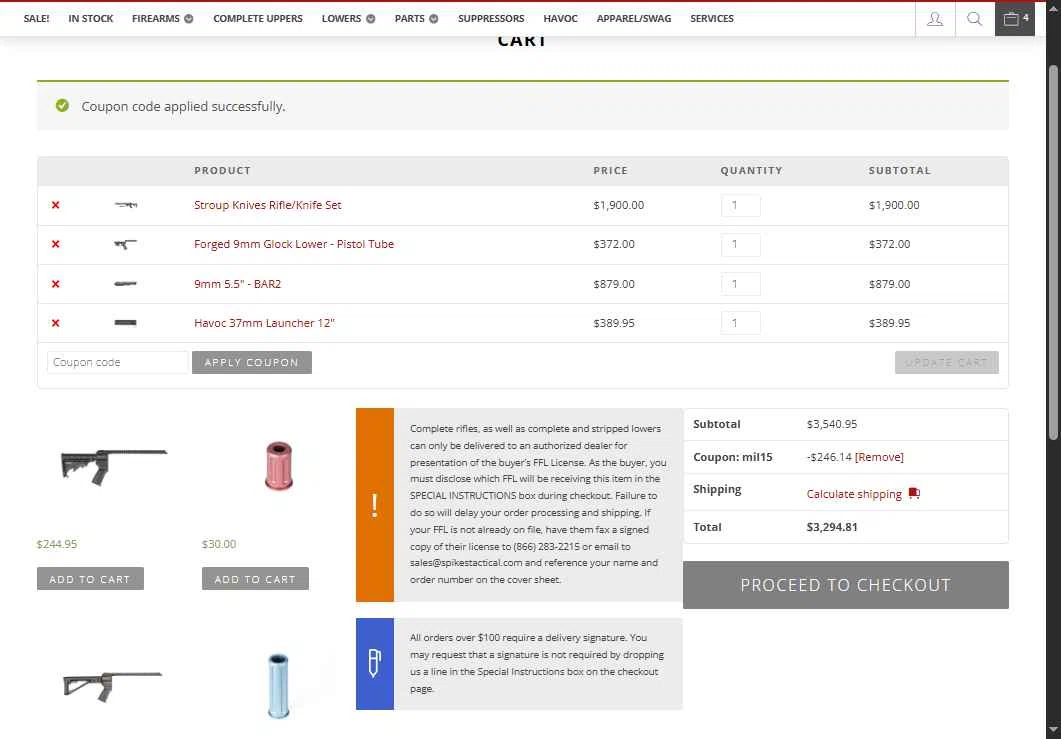 Spikes Tactical checkout page showing Spikes Tactical promo code box | Screenshot taken by SimplyCodes community member on May 8, 2025