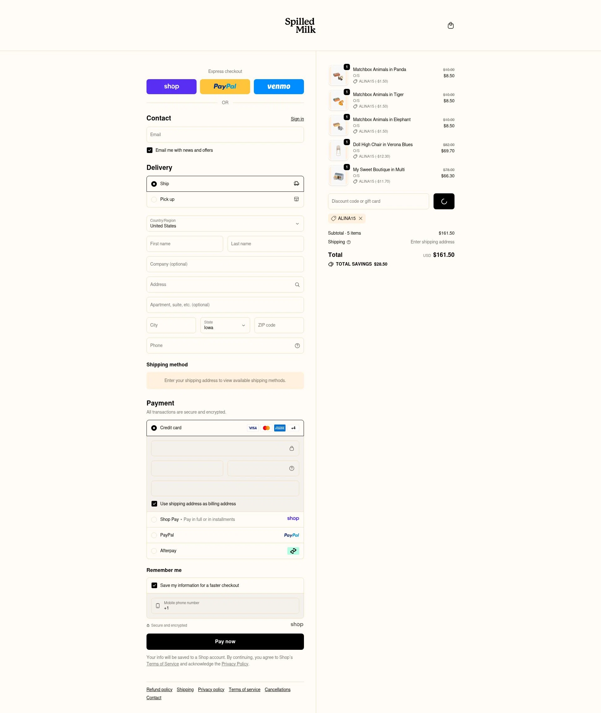Spilled Milk Clothing checkout page showing Spilled Milk Clothing promo code box | Screenshot taken by SimplyCodes community member on Dec 31, 2025