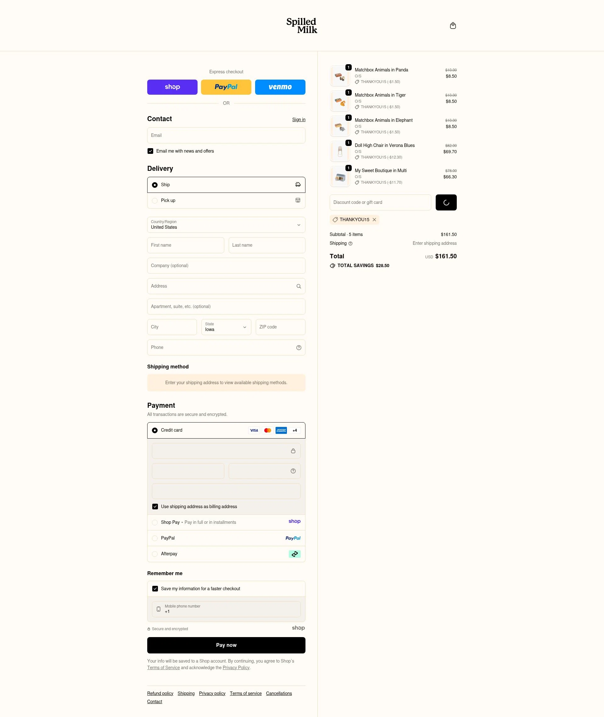 Spilled Milk Clothing checkout page showing Spilled Milk Clothing promo code box | Screenshot taken by SimplyCodes community member on Dec 31, 2025