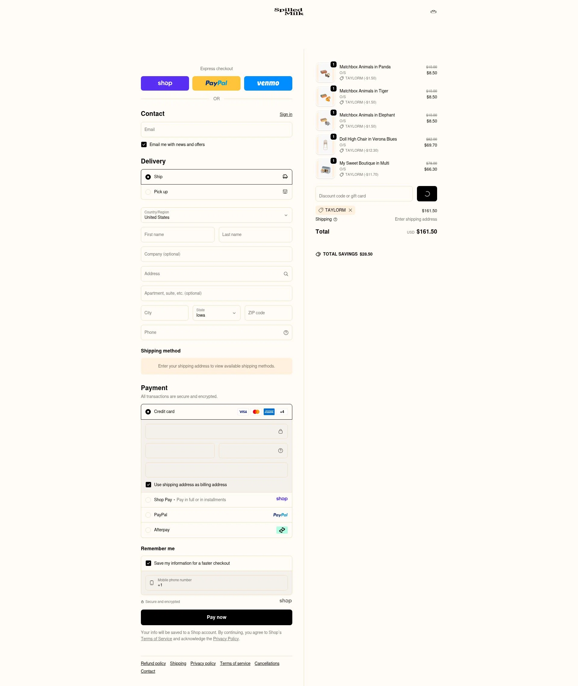 Spilled Milk Clothing checkout page showing Spilled Milk Clothing promo code box | Screenshot taken by SimplyCodes community member on Dec 26, 2025