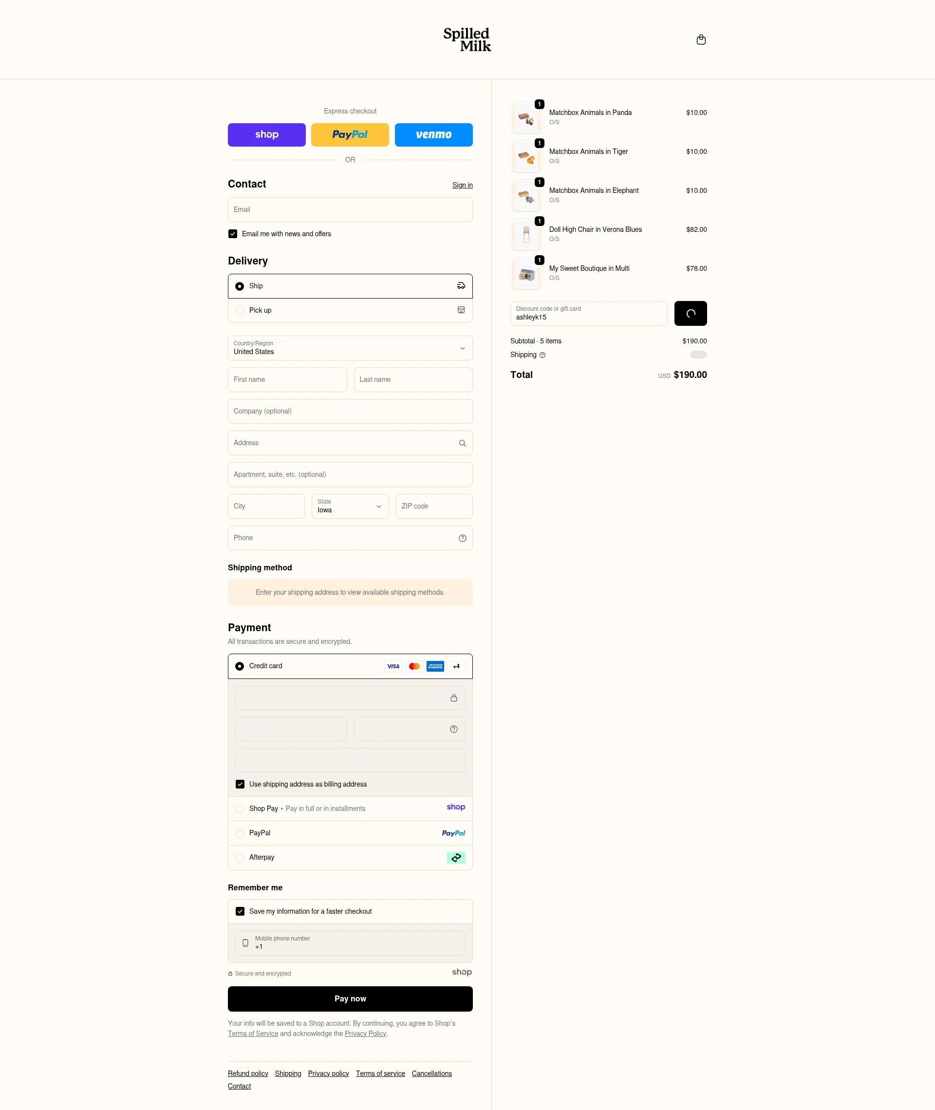 Spilled Milk Clothing checkout page showing Spilled Milk Clothing promo code box | Screenshot taken by SimplyCodes community member on Dec 31, 2025