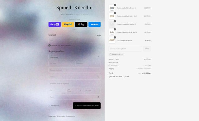 Spinelli Kilcollin checkout page showing Spinelli Kilcollin discount code box | Screenshot taken by SimplyCodes community member on Aug 26, 2025