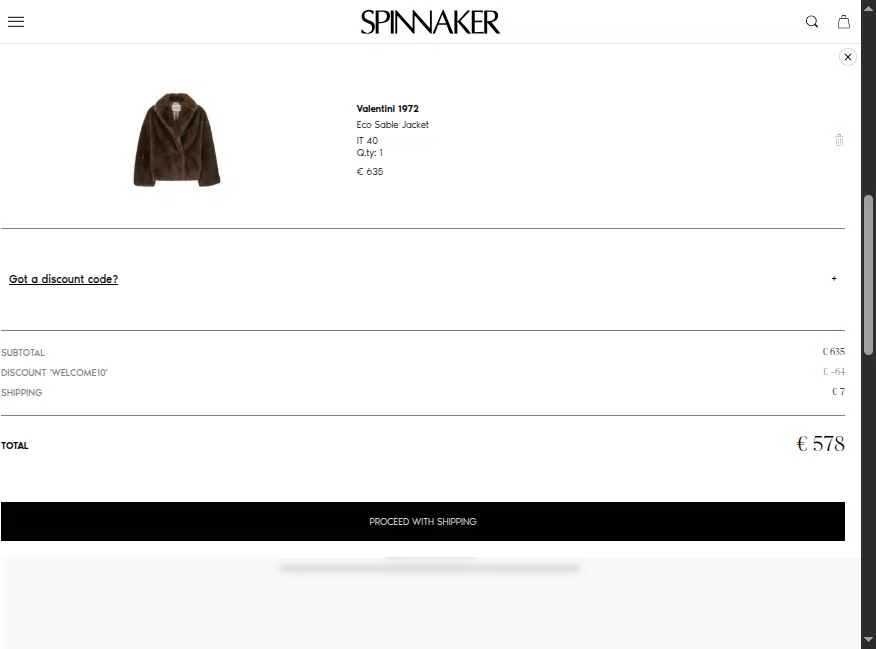Spinnaker Boutique checkout page showing Spinnaker Boutique promo code box | Screenshot taken by SimplyCodes community member on Oct 6, 2025