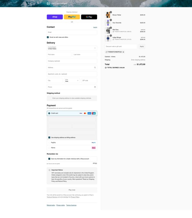 Spinnaker Watches checkout page showing Spinnaker Watches discount code box | Screenshot taken by SimplyCodes community member on Sep 3, 2025
