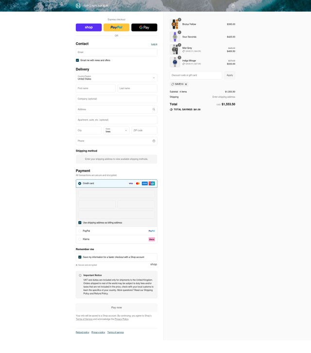 Spinnaker Watches checkout page showing Spinnaker Watches discount code box | Screenshot taken by SimplyCodes community member on Sep 3, 2025