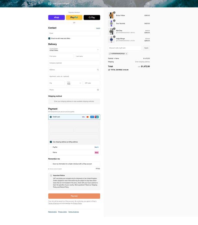 Spinnaker Watches checkout page showing Spinnaker Watches discount code box | Screenshot taken by SimplyCodes community member on Sep 3, 2025