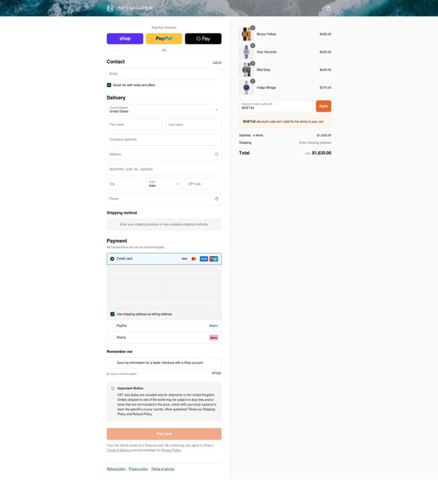 Spinnaker Watches checkout page showing Spinnaker Watches discount code box | Screenshot taken by SimplyCodes community member on Sep 3, 2025