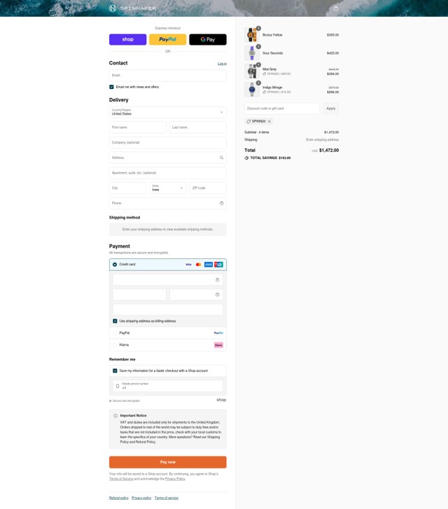 Spinnaker Watches checkout page showing Spinnaker Watches discount code box | Screenshot taken by SimplyCodes community member on Sep 3, 2025