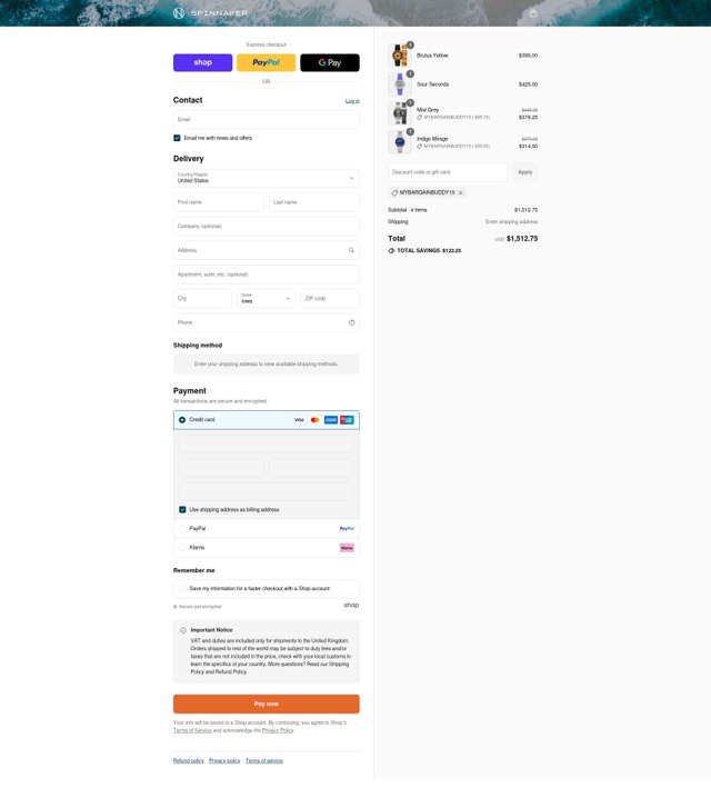 Spinnaker Watches checkout page showing Spinnaker Watches discount code box | Screenshot taken by SimplyCodes community member on Sep 3, 2025
