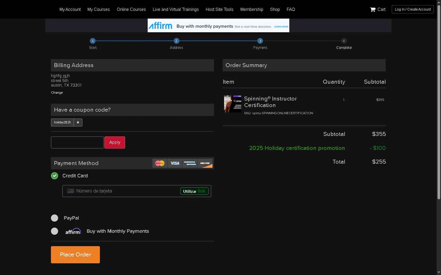 Spinning.com checkout page showing Spinning.com coupon code box | Screenshot taken by SimplyCodes community member on Dec 30, 2025