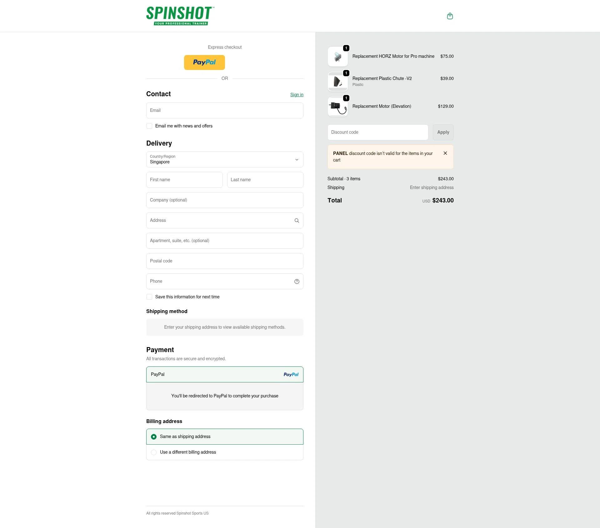 Spinshot Sports checkout page showing Spinshot Sports discount code box | Screenshot taken by SimplyCodes community member on Feb 18, 2026