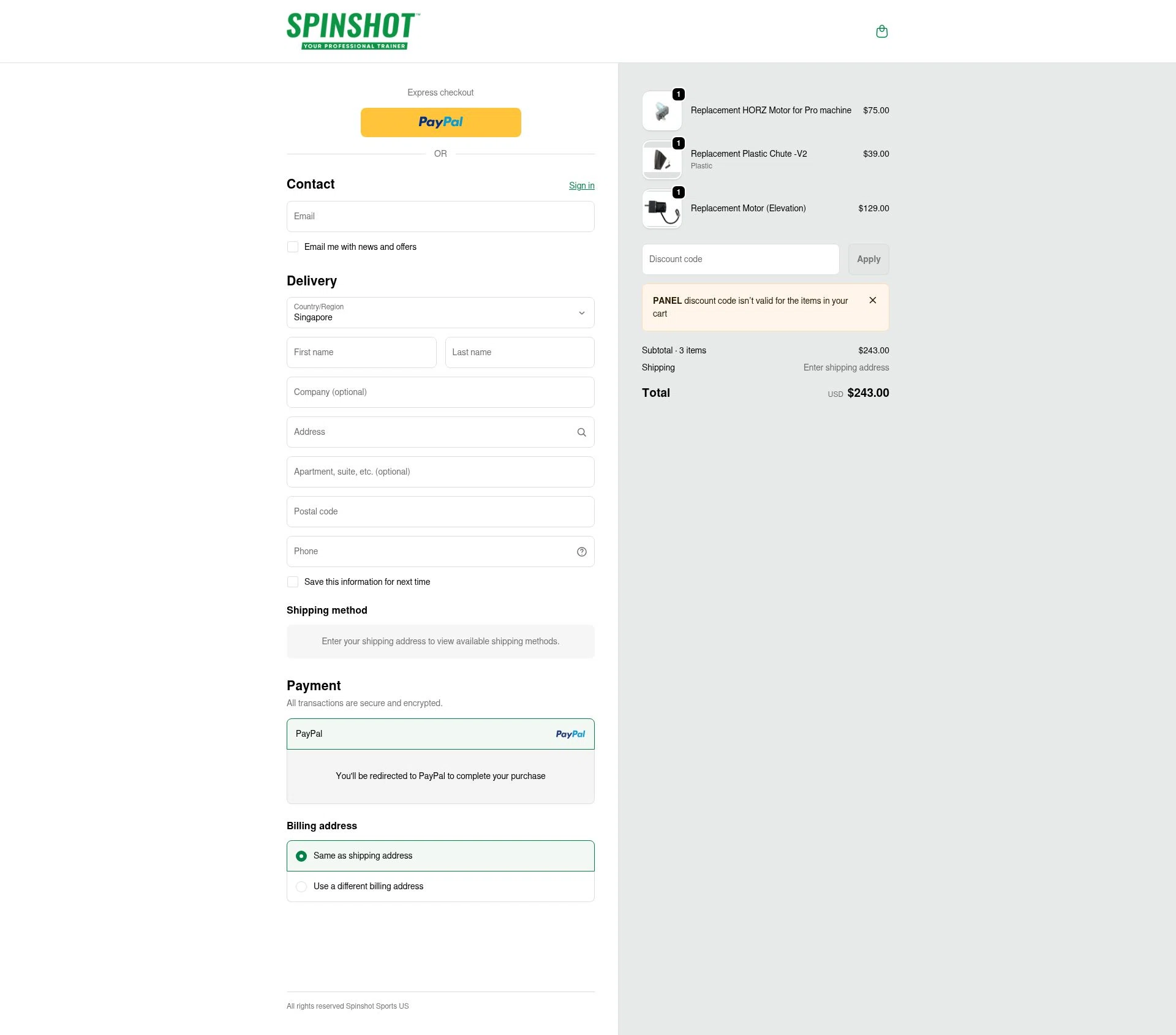 Spinshot Sports checkout page showing Spinshot Sports discount code box | Screenshot taken by SimplyCodes community member on Feb 9, 2026