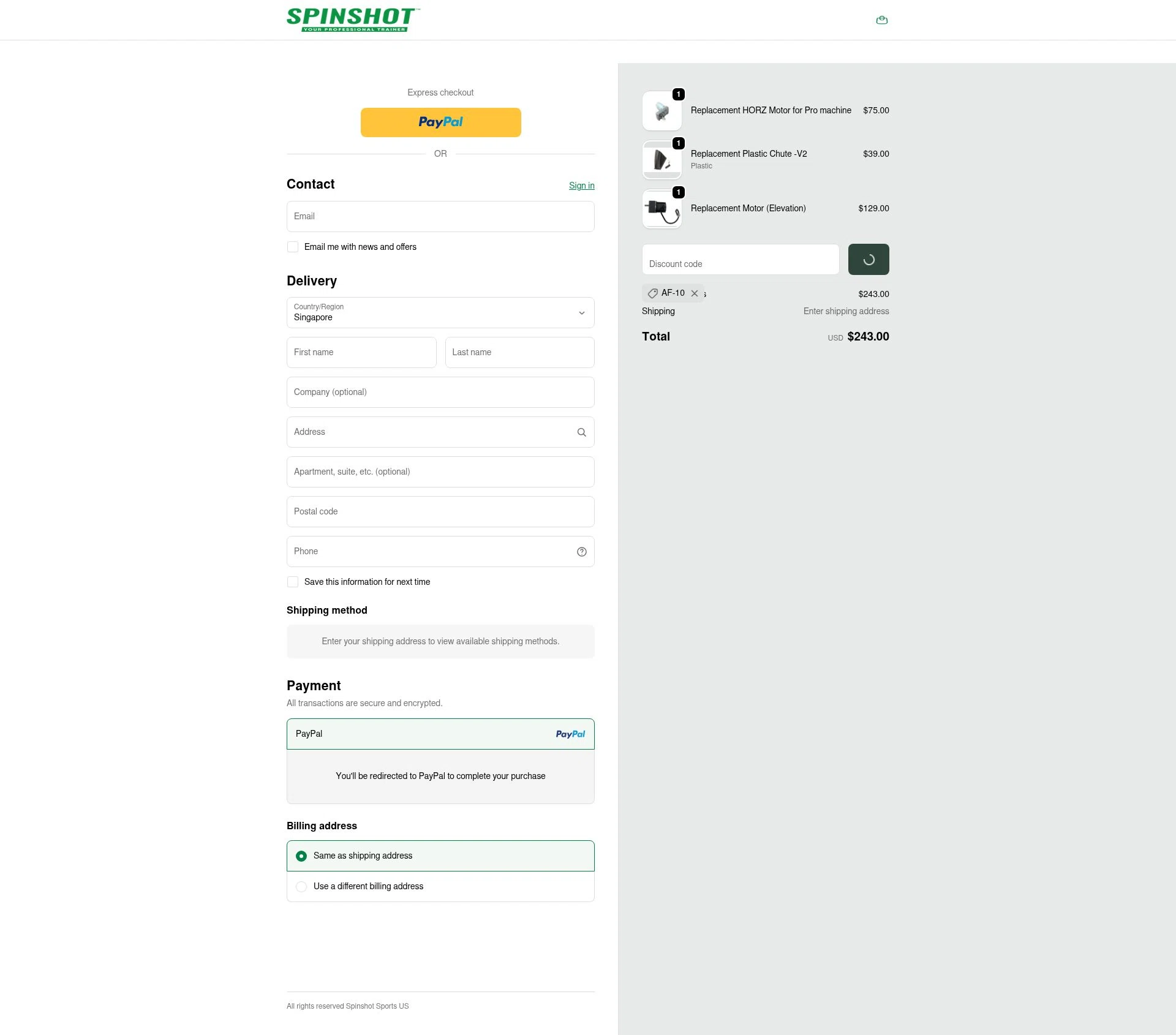 Spinshot Sports checkout page showing Spinshot Sports discount code box | Screenshot taken by SimplyCodes community member on Feb 14, 2026