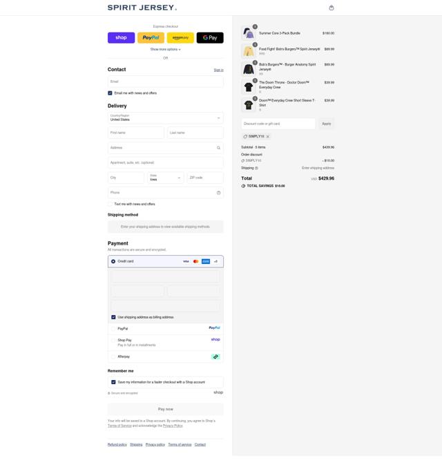 Spirit Jersey checkout page showing Spirit Jersey promo code box | Screenshot taken by SimplyCodes community member on Sep 12, 2025