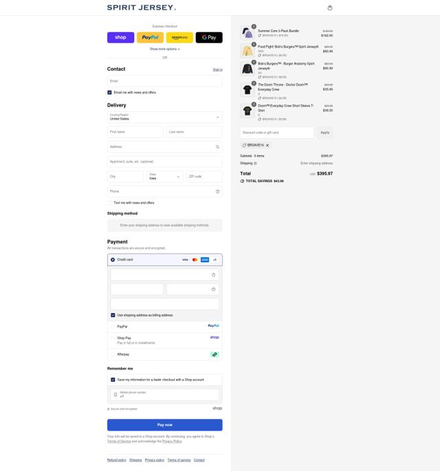 Spirit Jersey checkout page showing Spirit Jersey promo code box | Screenshot taken by SimplyCodes community member on Sep 12, 2025