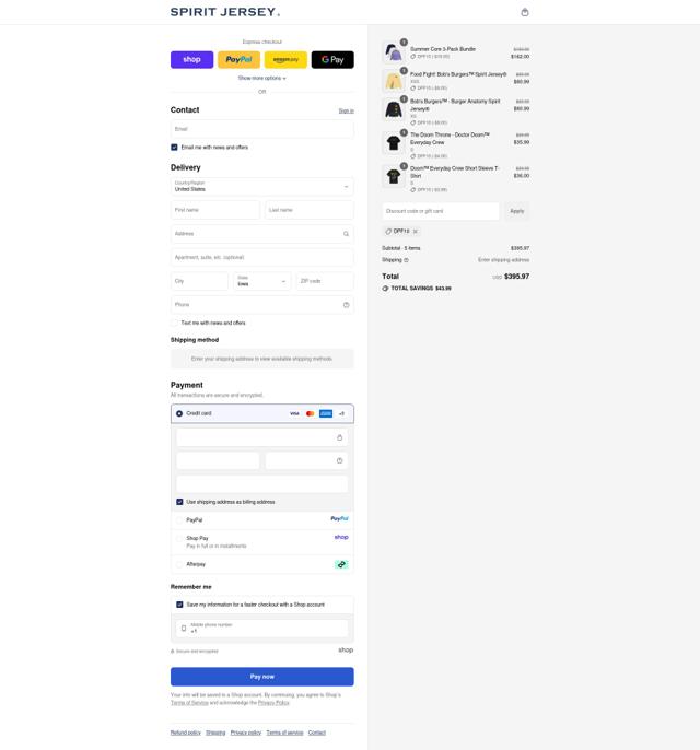 Spirit Jersey checkout page showing Spirit Jersey promo code box | Screenshot taken by SimplyCodes community member on Sep 12, 2025