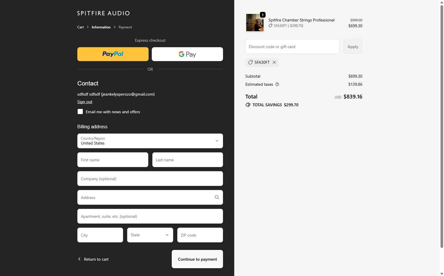 Spitfire Audio checkout page showing Spitfire Audio discount code box | Screenshot taken by SimplyCodes community member on Dec 14, 2025