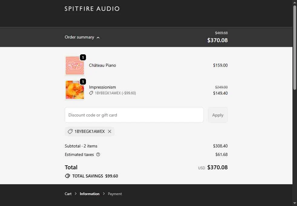 Spitfire Audio checkout page showing Spitfire Audio discount code box | Screenshot taken by SimplyCodes community member on Dec 15, 2025