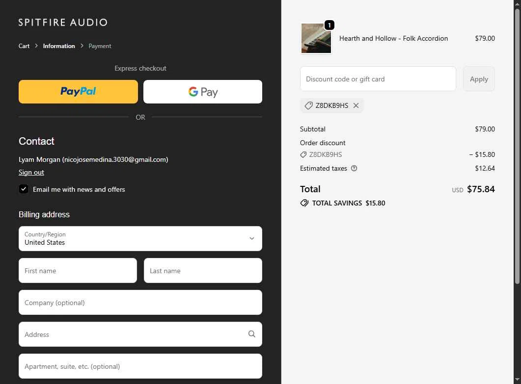 Spitfire Audio checkout page showing Spitfire Audio discount code box | Screenshot taken by SimplyCodes community member on Nov 27, 2025