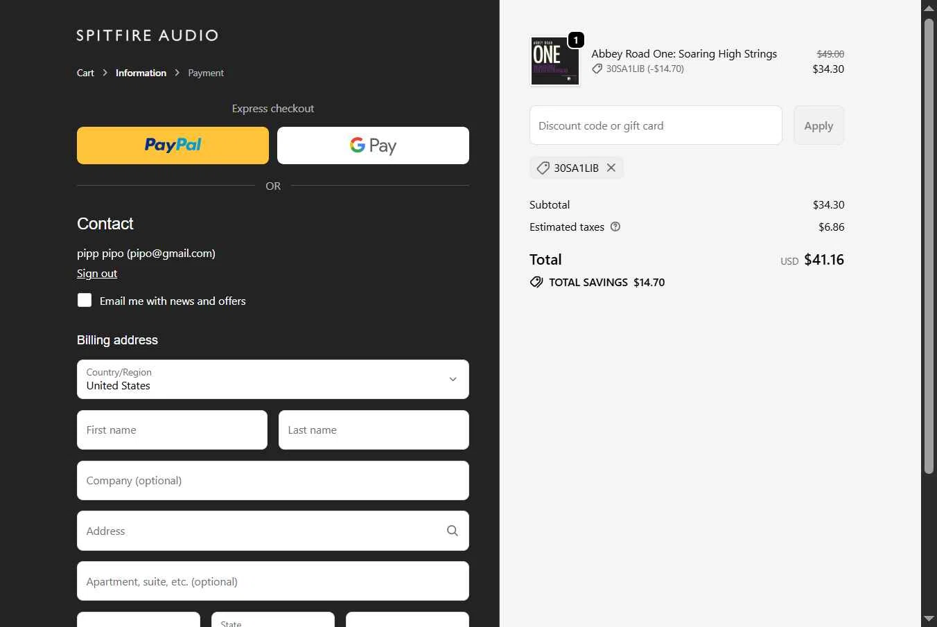 Spitfire Audio checkout page showing Spitfire Audio discount code box | Screenshot taken by SimplyCodes community member on Nov 6, 2025