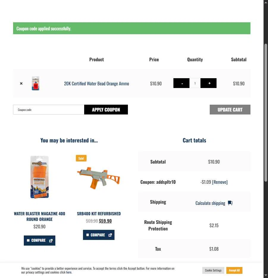 SplatRBall Water Bead Blaster checkout page showing SplatRBall Water Bead Blaster promo code box | Screenshot taken by SimplyCodes community member on Jun 30, 2025