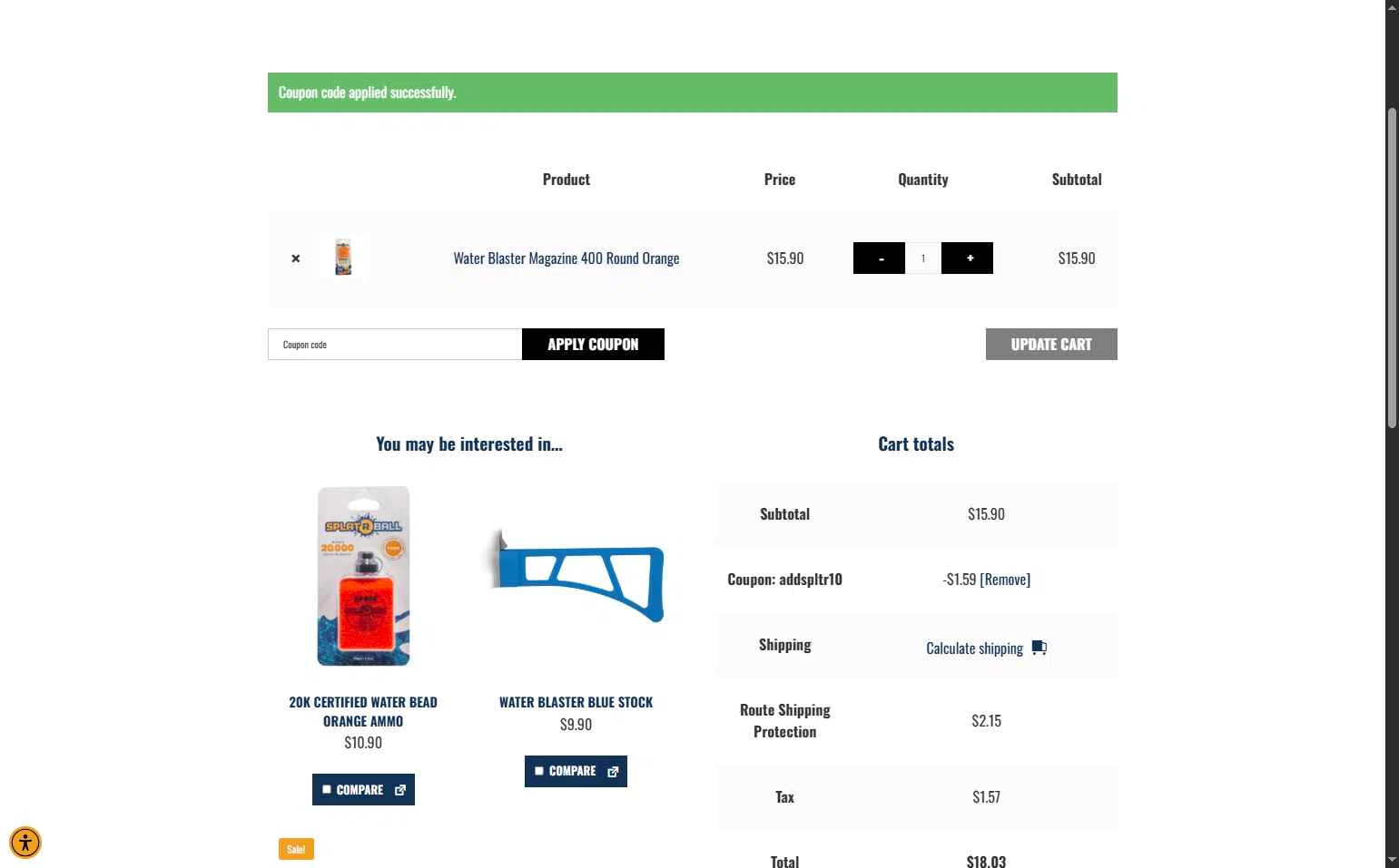 SplatRBall Water Bead Blaster checkout page showing SplatRBall Water Bead Blaster promo code box | Screenshot taken by SimplyCodes community member on Jan 16, 2026