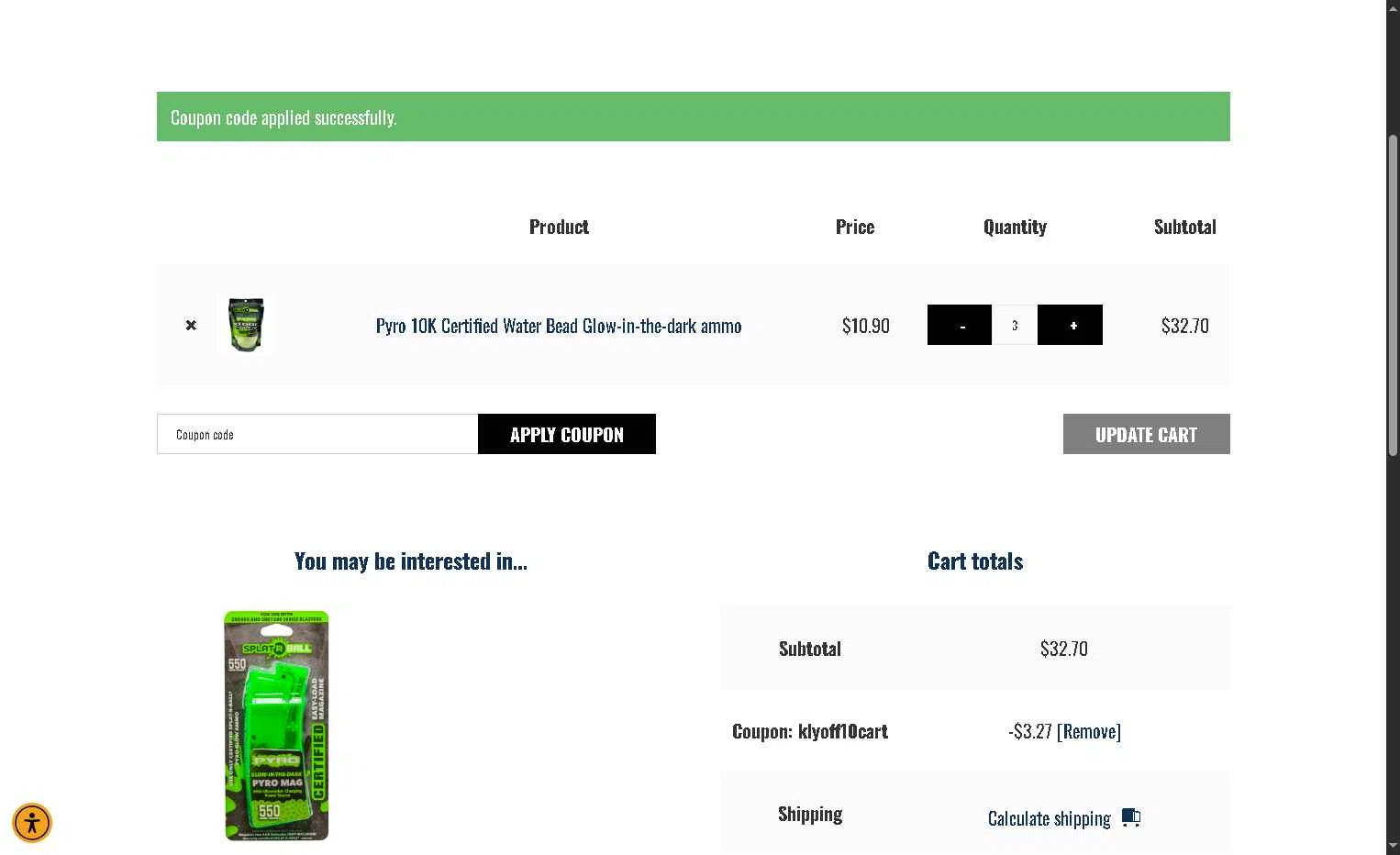 SplatRBall Water Bead Blaster checkout page showing SplatRBall Water Bead Blaster promo code box | Screenshot taken by SimplyCodes community member on Jan 31, 2026