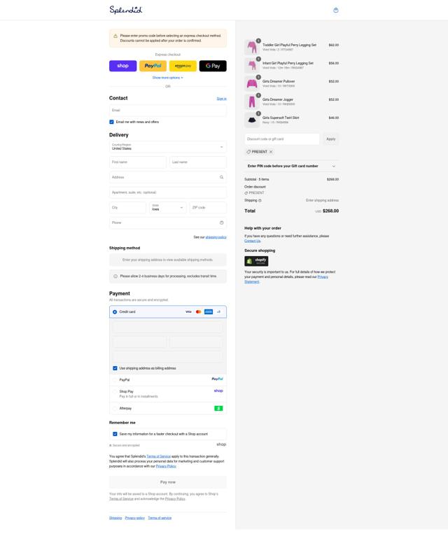 Splendid checkout page showing Splendid coupon code box | Screenshot taken by SimplyCodes community member on Sep 13, 2025