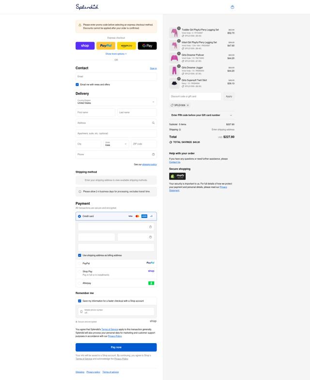 Splendid checkout page showing Splendid coupon code box | Screenshot taken by SimplyCodes community member on Sep 13, 2025
