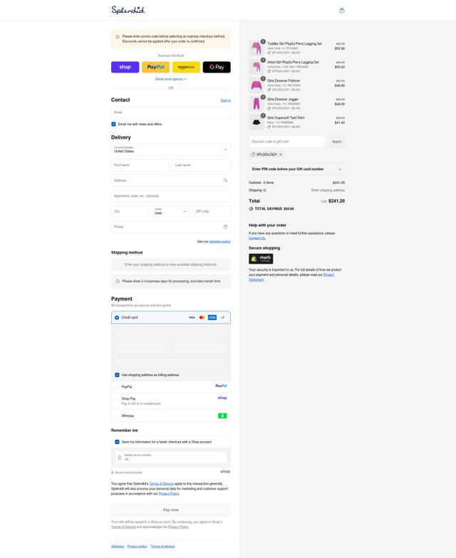 Splendid checkout page showing Splendid coupon code box | Screenshot taken by SimplyCodes community member on Sep 13, 2025