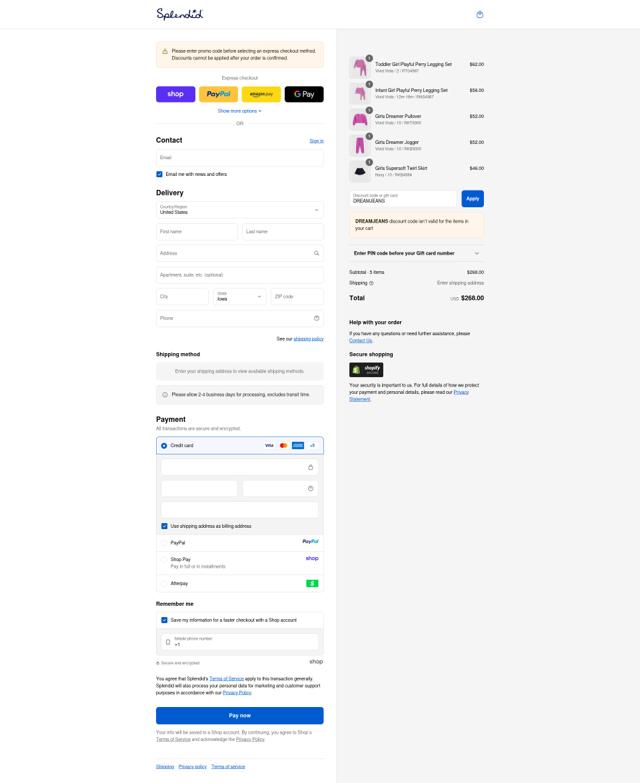 Splendid checkout page showing Splendid coupon code box | Screenshot taken by SimplyCodes community member on Sep 13, 2025