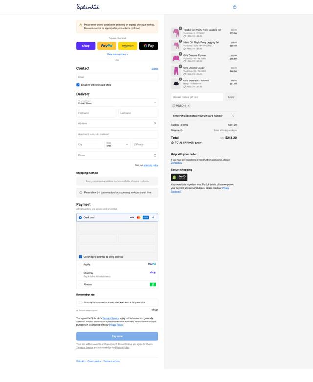 Splendid checkout page showing Splendid coupon code box | Screenshot taken by SimplyCodes community member on Sep 13, 2025