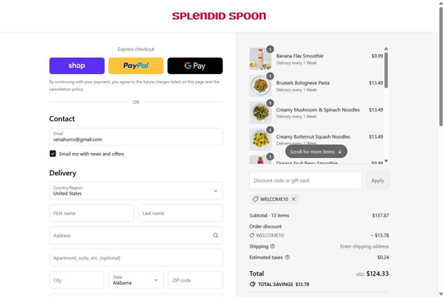 Splendid Spoon checkout page showing Splendid Spoon promo code box | Screenshot taken by SimplyCodes community member on Sep 4, 2025