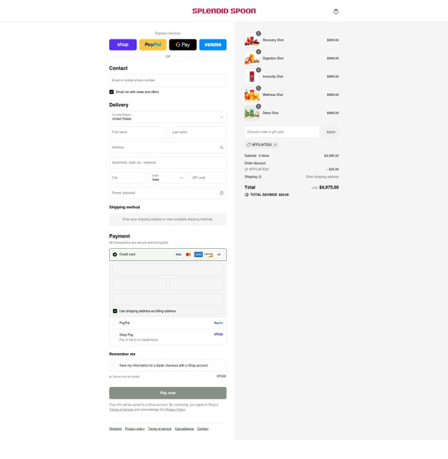 Splendid Spoon checkout page showing Splendid Spoon promo code box | Screenshot taken by SimplyCodes community member on Aug 31, 2025