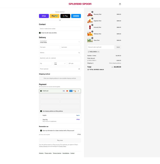 Splendid Spoon checkout page showing Splendid Spoon promo code box | Screenshot taken by SimplyCodes community member on Aug 31, 2025
