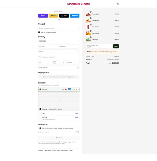 Splendid Spoon checkout page showing Splendid Spoon promo code box | Screenshot taken by SimplyCodes community member on Sep 4, 2025