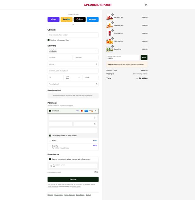 Splendid Spoon checkout page showing Splendid Spoon promo code box | Screenshot taken by SimplyCodes community member on Aug 31, 2025