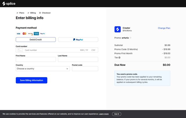 Splice checkout page showing Splice promo code box | Screenshot taken by SimplyCodes community member on Jul 21, 2025