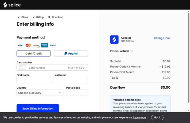 Splice checkout page showing Splice promo code box | Screenshot taken by SimplyCodes community member on Jul 21, 2025