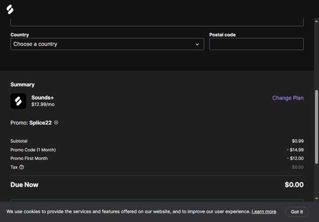 Splice checkout page showing Splice promo code box | Screenshot taken by SimplyCodes community member on Jul 28, 2025