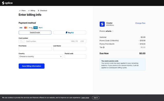 Splice checkout page showing Splice promo code box | Screenshot taken by SimplyCodes community member on Jul 21, 2025