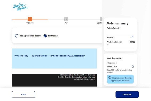 Splish Splash checkout page showing Splish Splash promo code box | Screenshot taken by SimplyCodes community member on Sep 1, 2025