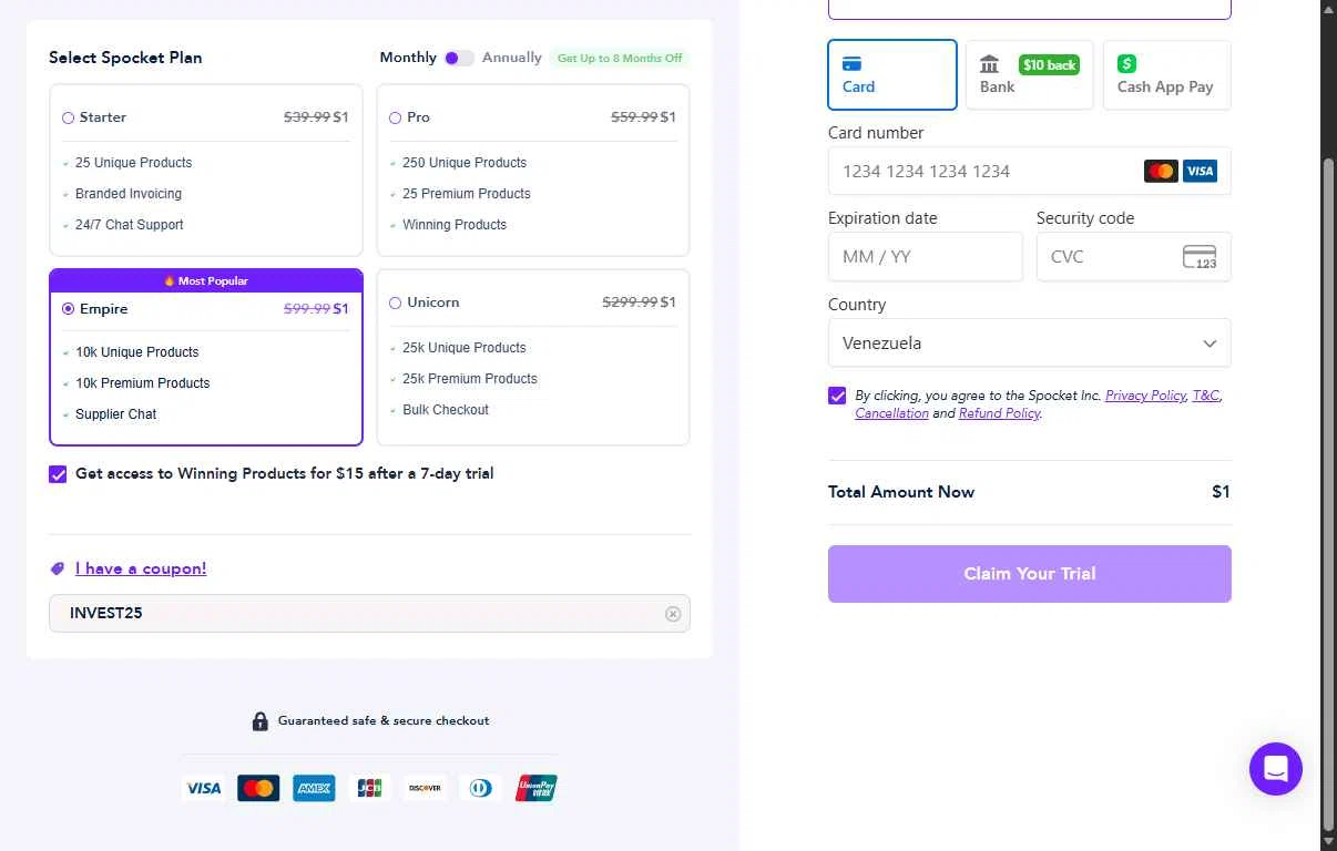 Spocket checkout page showing Spocket coupon code box | Screenshot taken by SimplyCodes community member on Jan 2, 2026