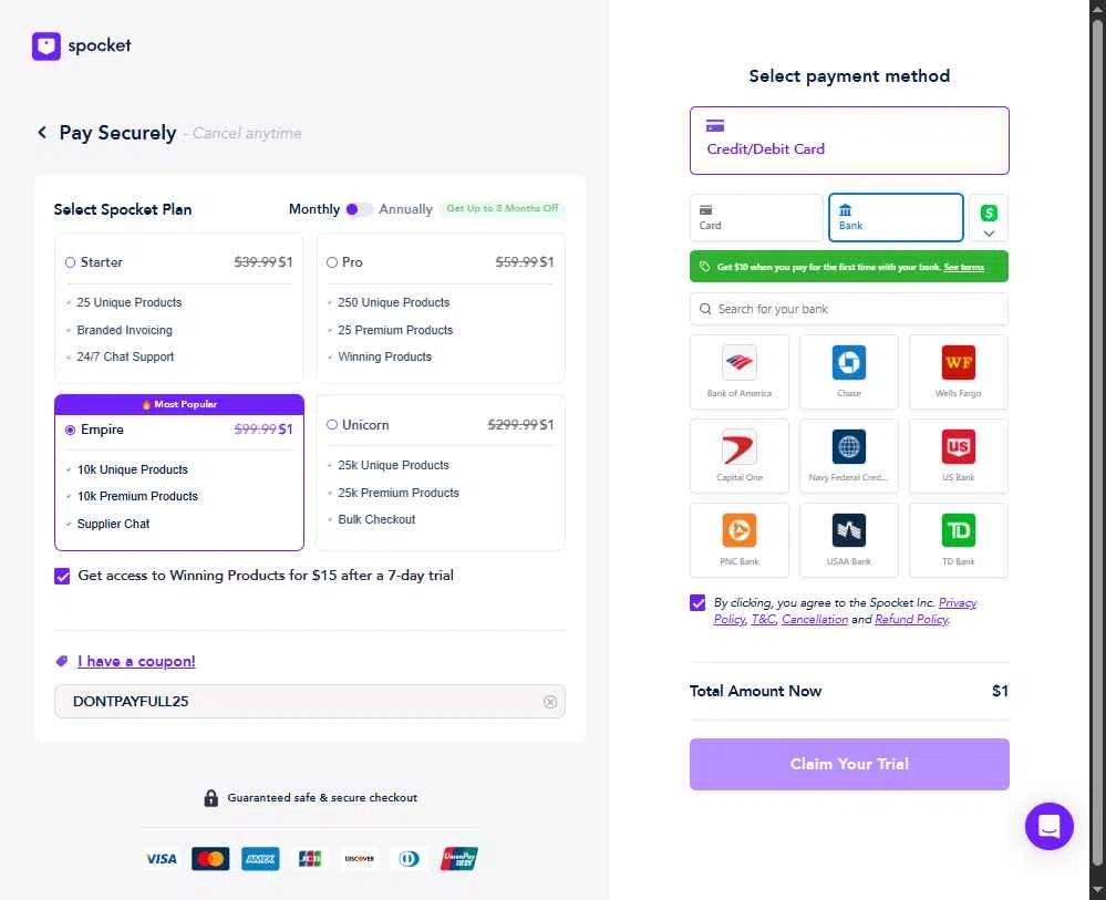 Spocket checkout page showing Spocket coupon code box | Screenshot taken by SimplyCodes community member on Dec 29, 2025