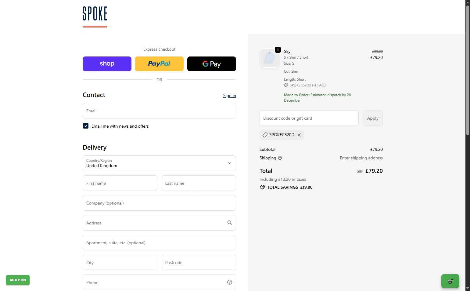 Spoke checkout page showing Spoke discount code box | Screenshot taken by SimplyCodes community member on Dec 7, 2025
