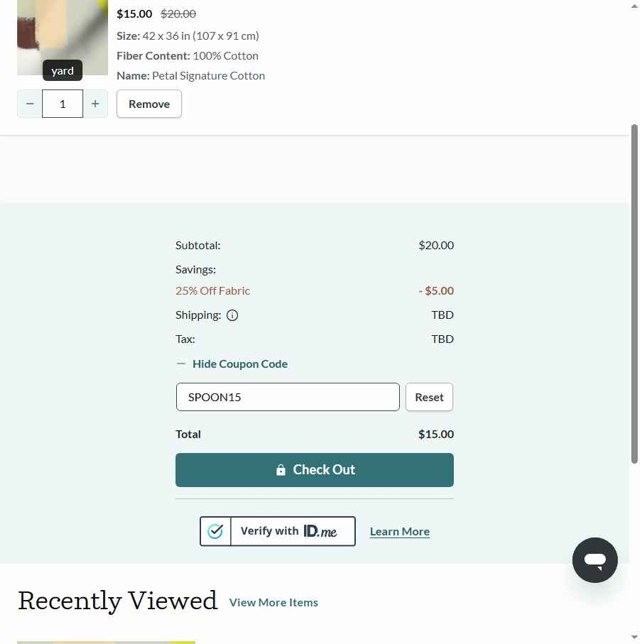 Spoonflower checkout page showing Spoonflower coupon code box | Screenshot taken by SimplyCodes community member on Jul 18, 2025