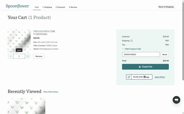 Spoonflower checkout page showing Spoonflower coupon code box | Screenshot taken by SimplyCodes community member on Aug 27, 2025